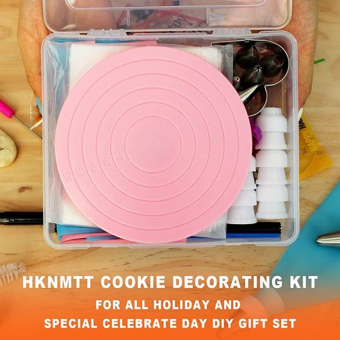 Cookie Decorating Supplies Kit 82Pcs With Storage Box, Sugar Cookies Turntable Set With 6 Piping Tips and Bags, Scribe Needle, Brush, Ideal Beginner Decorator Lover Kids Gift Holiday Easter Valentine