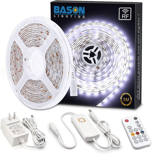 Bason White LED Strip Lights, Dimmable Under Cabinet Lighting, 16.4 ft Led Rope Light with RF Remote and Dimmer, 12V LED Tape Lights for Kitchen, Counter, Mirror, Showcase, 6500K Daylight, Timing.