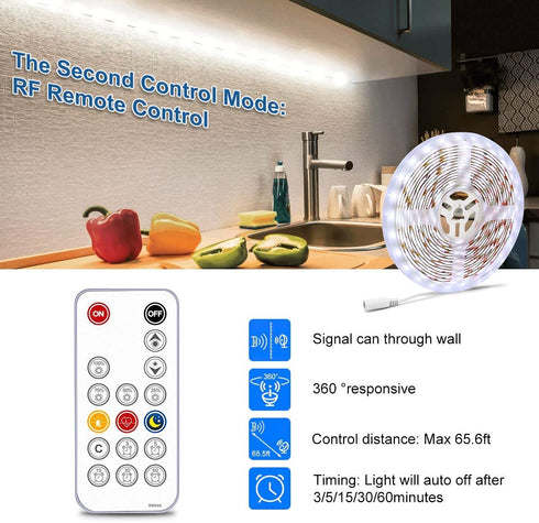 Bason White LED Strip Lights, Dimmable Under Cabinet Lighting, 16.4 ft Led Rope Light with RF Remote and Dimmer, 12V LED Tape Lights for Kitchen, Counter, Mirror, Showcase, 6500K Daylight, Timing.