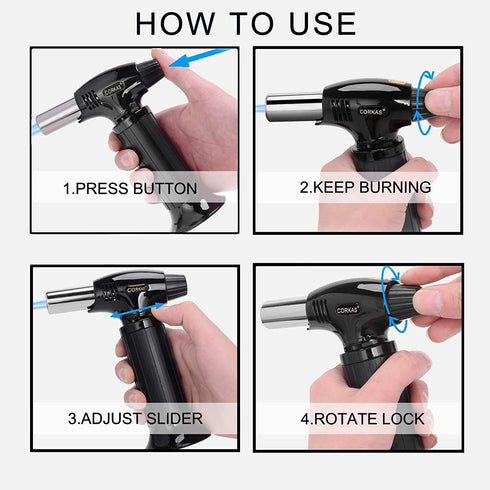 CORKAS Butane Torch Lighter, Professional Refillable Kitchen Blow Torch, Cooking Torch with Adjustable Flame, Culinary Torch for Desserts, Creme Brulee, BBQ and Baking (Butane Fuel Not Included)