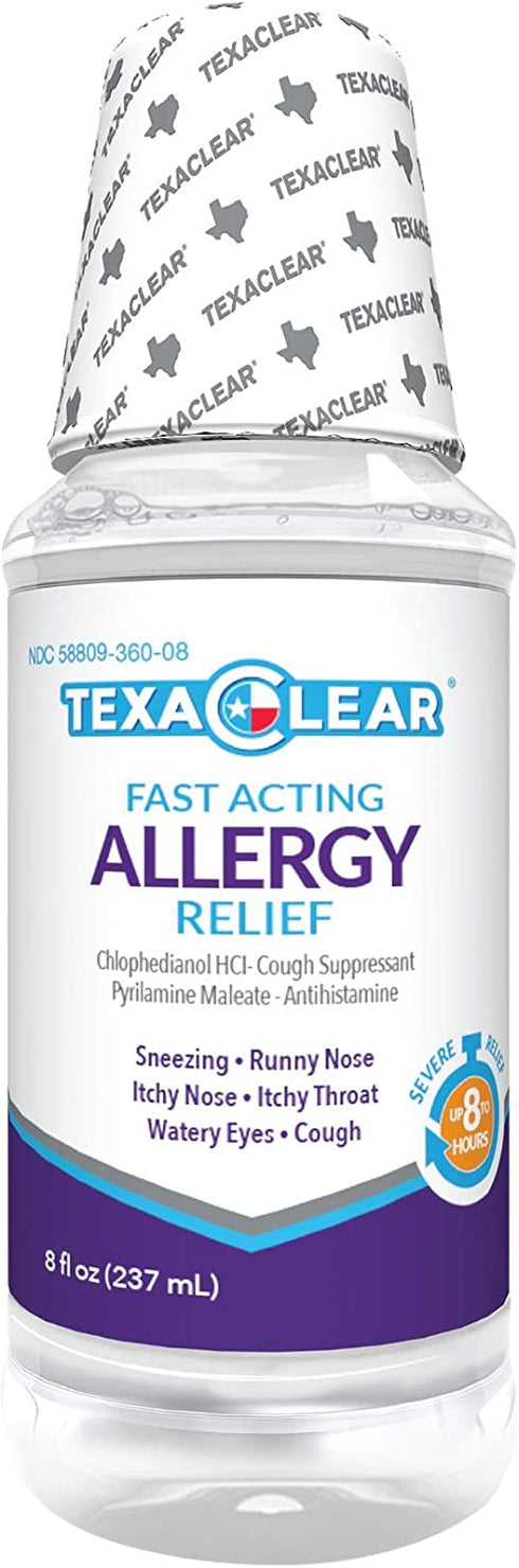 TexaClear Allergy Relief - Fast Acting Dye Free Liquid Cough Suppressant & Antihistamine – 8 Hour Relief (8 fl oz)
