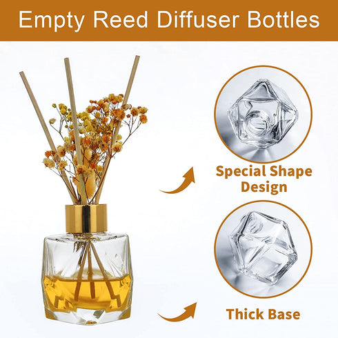 Diffuser Glass Bottles Set of 5 DIY Empty Clear Glass Fragrance Bottle with Gold Caps Reeds Sticks Vase Decorative Oil Diffusers for Home Office Desk Decoration Wedding Replacement Girl Women Gift