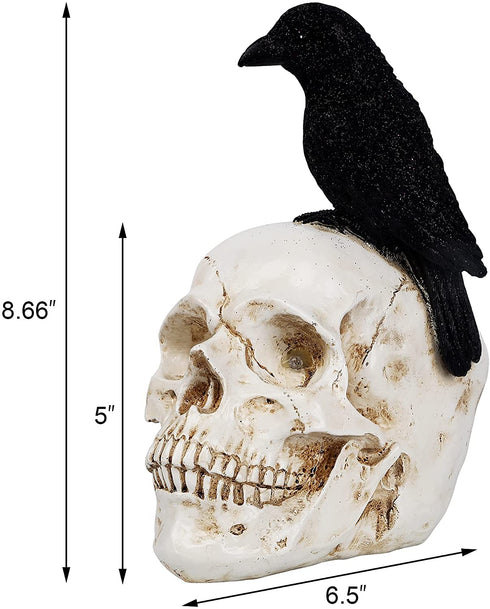 DR.DUDU Raven on Skull Halloween Decoration with LED Lights, Gothic Crow Perching on Skeleton Resin Figurine Haunted House Statue for Tabletop Desk Home Office Decor