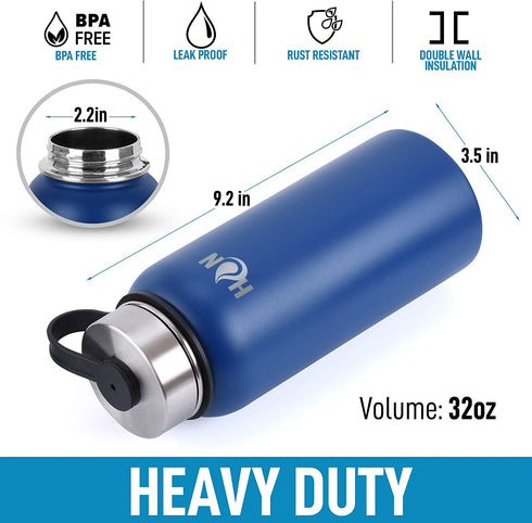 Hydration Nation 18oz, 32oz, or 40oz Vacuum Insulated Water Bottle - Metal Water Bottle For Sports & Outdoor - Thermo Stainless Steel Water Bottle With Straw & 3 Lids For Hot & Cold Drinks (Blue)