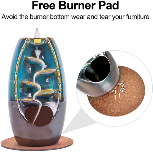 SOYO Backflow Incense Burner Ceramic Waterfall Incense Holder with 120 Backflow Incense Cones + 30 Incense Sticks + 1 Tweezer, Aromatherapy Ornamental for Home Office Yoga, Blue