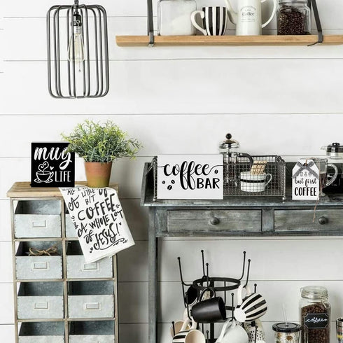 Coffee Bar Tiered Tray Decor Signs Set of 3, 3D Raised Wood Block with Buffalo Plaid Farmhouse Home Kitchen Coffee Decorations for Tray, Coffee Bar, Coffee Station, Shelf, Mantel (Tray Not Included)