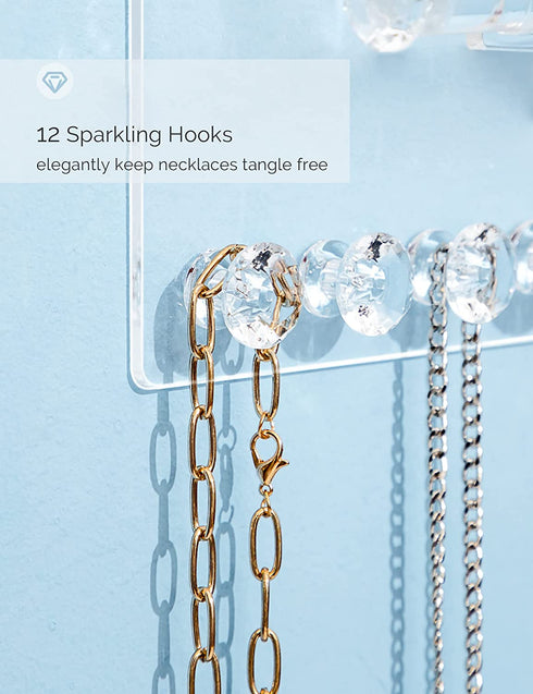 Acrylic Necklace Holder with Shelf, 12 Diamond Shape Hooks and Removable Bracelet Rod, Wall Mounted Jewelry Organizer Hanging Necklace Organizer Wall Jewelry Rack
