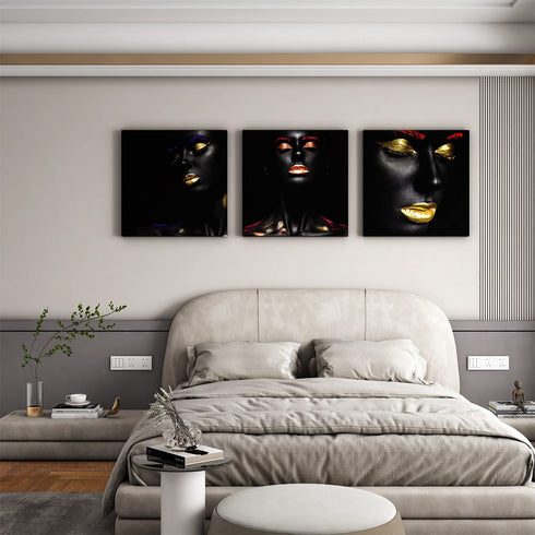 bocassis 3 Sets American Print Wall Art Décor Black Gold Painted Woman Golden Lips Picture Canvas Wall Mural Bedroom or Room for Home Decor Framed Ready to Hang (A, 12X12Inchx3Pcs)