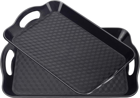 Plastic Tray with Handles, 2 Pack Multi-Purpose Rectangular Non Slip Restaurant Serving Trays Set for Parties, Coffee Table, Kitchen (Black-A)