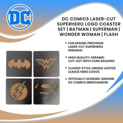 DC Comics Superhero Logo 4-Piece Coaster Set | Batman, Superman, Wonder Woman & The Flash Laser-Cut Justice League Logos - Sturdy, Unique Cork & Ceramic Design - Great Gift Idea