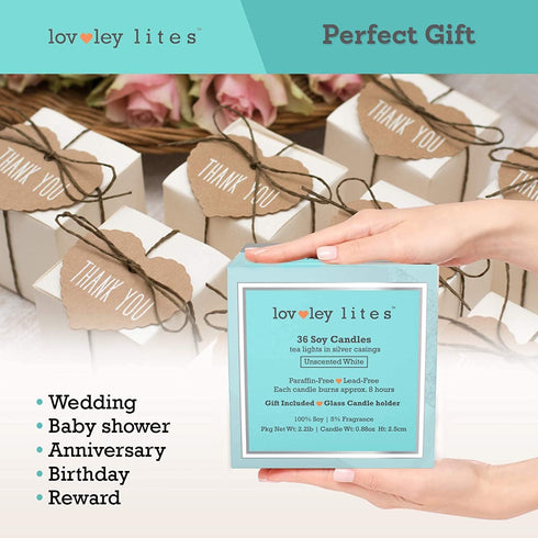 Lovley Lites Soy Tealight Candles Unscented - Box Set of 36 Premium Tealight Unscented Candles Long Burning + Tealight Candle Holder, 1 Inch Tall Soy Wax Tea Candles
