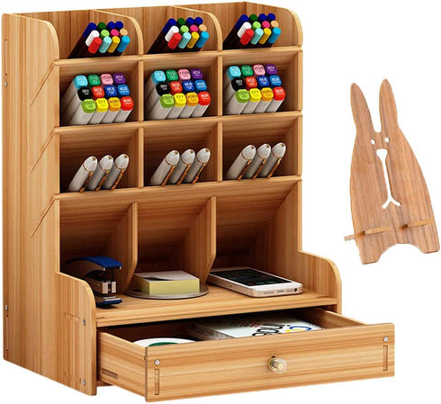 Marbrasse Wooden Pen Organizer, Multi-Functional DIY Pen Holder Box, Desktop Stationary, Easy Assembly, Home Office Art Supplies Organizer Storage with Drawer (B11-Cherry Color)