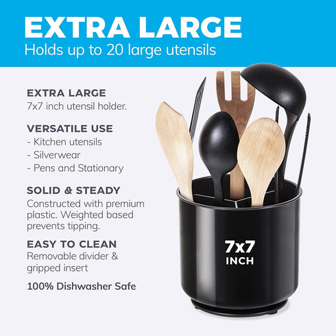 Rotating Extra Large Utensil Holder Crock with No-Tip Weighted Base, Removable Divider, And Gripped Insert - Dishwasher Safe Kitchen Utensil Holder For Kitchen Counter: Cooking Black Utensil Caddy