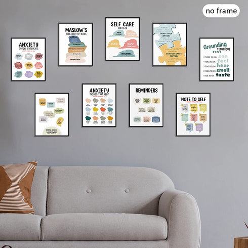 Mental Health Posters Anxiety Therapy Motivational Poster Psychologist Counselor Inspirational Posters Positive Quotes Wall Decor Classroom for Home Office, 8 x 10 Inch (Retro Style,9 Pieces)