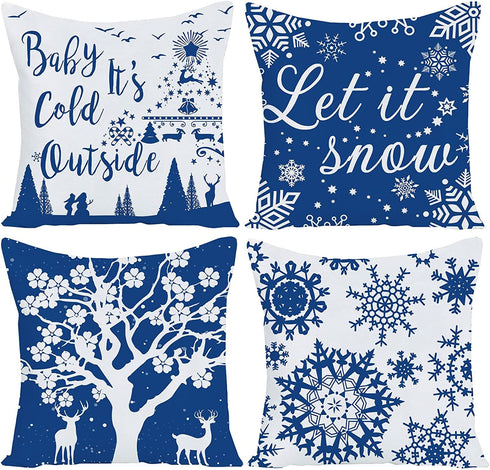 WILPROO Set of 4 Happy Winter Snowflake Merry Christmas Tree Blue Castle Deer with Snowman Cotton Linen Throw Pillow Case Cushion Cover Decorative for Sofa Living Room Square 22X22 Inches