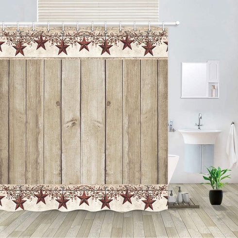 Rusitc Wood Boards Shower Curtain, Western Texas Star and Primitive Berries on Country Wooden Plank Bath Curtains, Polyester Fabric Bathroom Country Barn Farmhouse Shower Curtain 12PCS Hooks, 69X70IN