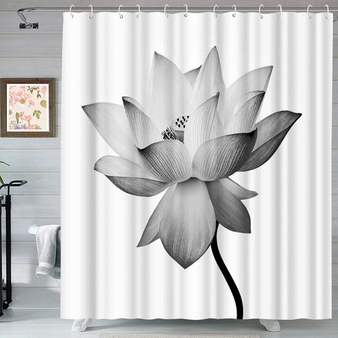 ArtBones Lotus Shower Curtain White Waterlily Elegant Flower Bathroom Shower Curtain Cloth Fabric with Hooks 72x72inch Black White (White Lotus)