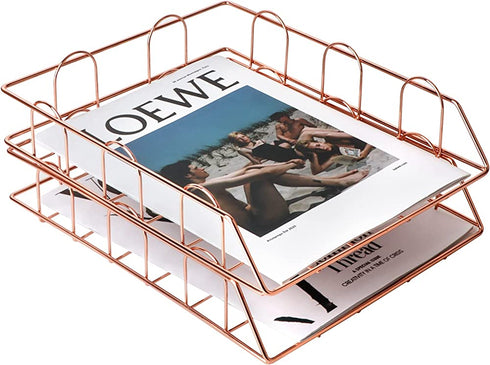 Letter Trays Stacking Supports , Stackable Paper Tray Mesh Collection,Desk File Organizer,Wide Desk File Document for School Home Office Supplies (Rose-Gold)