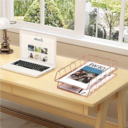 Letter Trays Stacking Supports , Stackable Paper Tray Mesh Collection,Desk File Organizer,Wide Desk File Document for School Home Office Supplies (Rose-Gold)