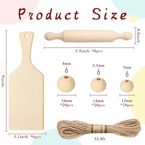 6 Pcs Mini Rolling Pin Wooden Handle Rolling Pin, 6 Pcs Wooden Cutting Board with Handle Serving Paddle Chopping Board Serving Board for Baking, 60 Pcs Wooden Bead Unfinished Wood Bead with Twine
