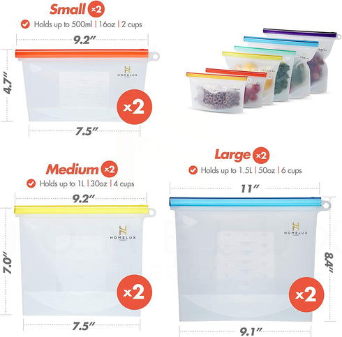 Homelux Theory Reusable Silicone Food Storage Bags | LEAKPROOF, AIRTIGHT | 100% Food Grade Silicone | Keep fruit, snacks, veggie, sandwich fresh | travel picnic lunch (2 Large + 2 Medium + 2 Small)