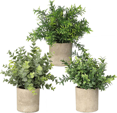 SUNJOYCO 3 Pack Mini Fake Plants, Artificial Potted Plants Faux Greenery Eucalyptus Rosemary Plants for Home Office Table Desk Shower Kitchen Shelf Bedroom Bathroom Decoration Indoor Outdoor Decor