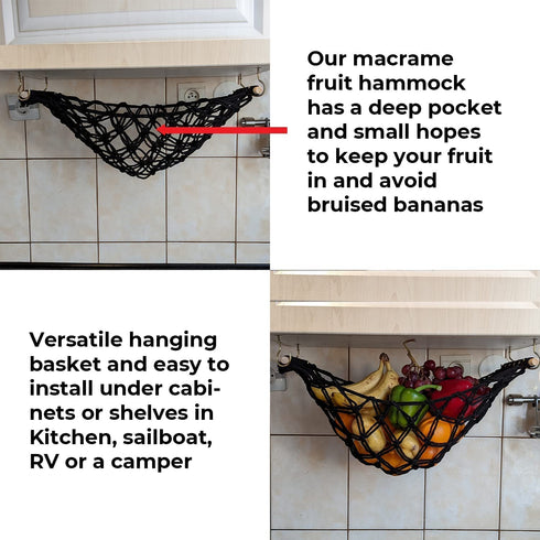 Macrame Fruit Veggies Hammock For Extra Storage Under Cabinet - 20" Boho Hanging Basket With 4 Hooks and Deep Pocket - Ideal for Kitchen decor, RV or Boat (Black)