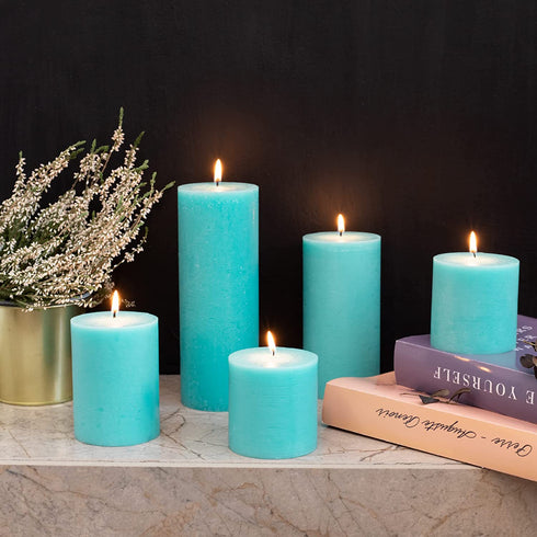 CANDWAX 3x6 Pillar Candles Set of 3 - Decorative Rustic Candles Unscented and No Drip Candles - Ideal as Wedding Candles or Large Candles for Home Interior - Turquoise Candles