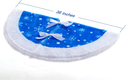 yuboo Blue Christmas Tree Skirt,36 inch Fur Tree Skirt with White Snowflakes for Xmas Party and Holiday Decorations