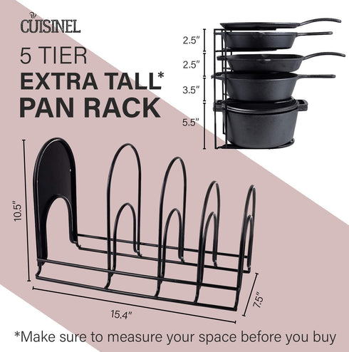 Heavy Duty Pan Organizer, Extra Large 5 Tier Rack - Holds Cast Iron Skillets, Dutch Oven, Griddles - Durable Steel Construction - Space Saving Kitchen Storage - No Assembly Required - Black 15.4-inch