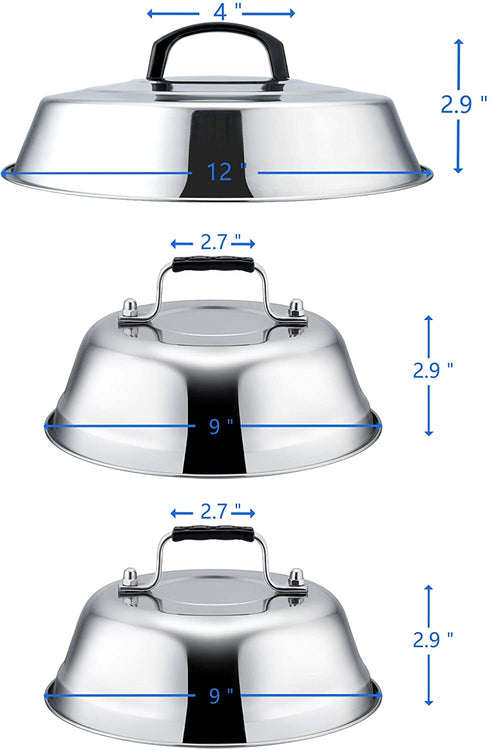 Professional Melting Dome Lid Set of 3, Leonyo 12"- 9" Metal Steam Basting Cover for Griddle Grill Top, Stainless Steel Griddle Accessories for BBQ Flat Top Kitchen Cooking Burger Cheese , Heat Proof