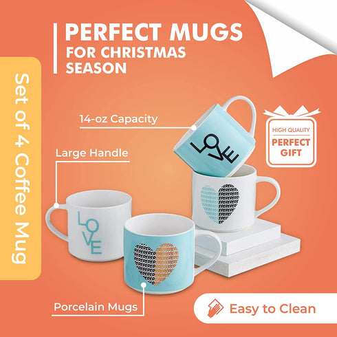 Set Of 4 Stacking Mugs Inspirational Coffee/Tea Novelty Mug set, Funny Mug Gift Set - Him And Her Gifts - Christmas Gift - Holiday, Birthday, Valentine Day Gifts. 14 Oz. Blue