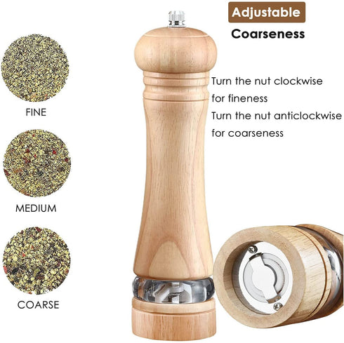2-Piece Salt and Pepper Grinder Set, Wooden Salt and Pepper Mills with Adjustable Coarseness, Refillable Manual Pepper Mill Grinder for Home Cooks (8 inch)