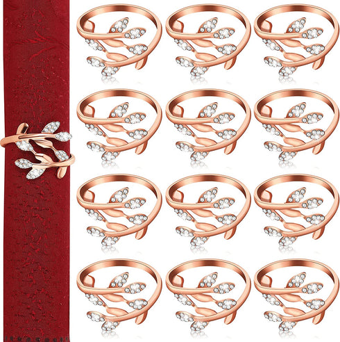 Thanksgiving 12 Pieces Leaf Napkin Ring Holder Leaves Napkin Buckle Fall Napkin Ring Metal Rhinestone Napkin Rings Serviette Buckle for Thanksgiving Christmas Wedding Dinner Holiday Decor (Rose Gold)