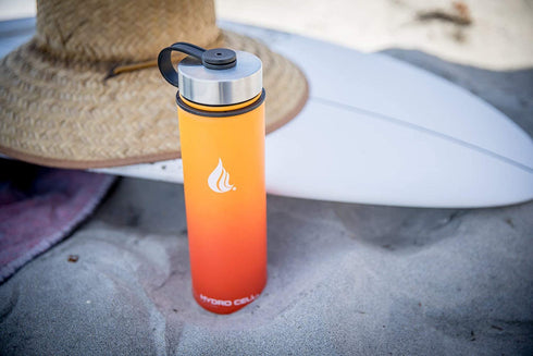 HYDRO CELL Stainless Steel Water Bottle w/ Straw & Wide Mouth Lids (64oz 40oz 32oz 24oz 18oz 14oz) - Keeps Liquids Perfectly Hot or Cold with Double Wall Vacuum Insulated Sweat Proof Sport Design (Red/Orange 24oz)
