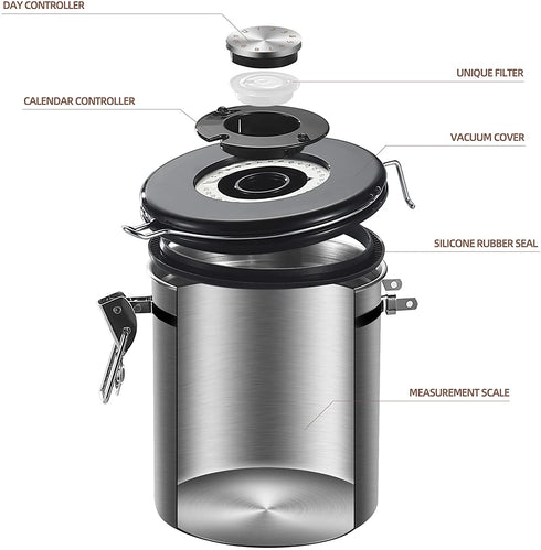 SUNWUKIN Coffee Canister, Airtight Stainless Steel Kitchen Food Storage Container with Date Tracker and Scoop for Beans, Grounds, Sugar, Tea, Flour, Cereal, Stainless Steel 22OZ