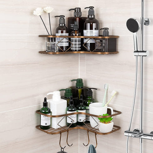 Kadolina 2 Pack Adhesive Corner Shower Caddy Shelf, Bathroom Shower Organizer Shelves, No Drilling Rustproof Wall Mounted Shower Storage Basket Shampoo Holder Organizer Shower Accessories Rack (Bronze)
