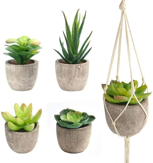 FEPITO 5 Pcs Artificial Succulent Plants with 2 Pcs Plant Hangers?2.4 Mini Faux Succulents Artificial Cactus Aloe Echeveria with Gray Pots Hanging Stems Bulk for Home Indoor Decoration