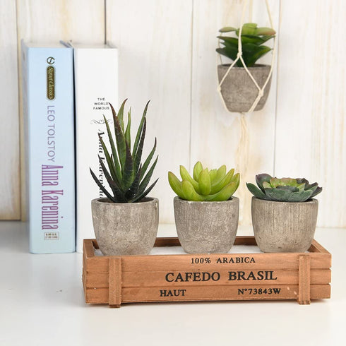 FEPITO 5 Pcs Artificial Succulent Plants with 2 Pcs Plant Hangers?2.4 Mini Faux Succulents Artificial Cactus Aloe Echeveria with Gray Pots Hanging Stems Bulk for Home Indoor Decoration