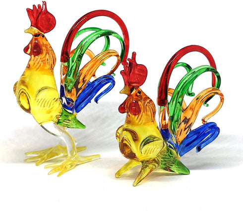 ZOOCRAFT Chicken Figurines Collectibles Hand Blown Glass Rooster Set of 2