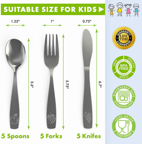 15 Piece Stainless Steel Kids Silverware Set - Child and Toddler Safe Flatware - Kids Utensil Set - Metal Kids Cutlery Set Includes 5 Small Kids Spoons, 5 Forks & 5 Knives
