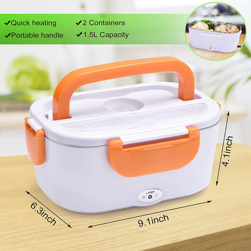 Electric Lunch Box Food Heater Warmer 2 in 1 for Home Office 110V and Car 12V 40W Use Include 1.5L Removable Stainless Steel Container Spoon and 2 Compartments(Orange)