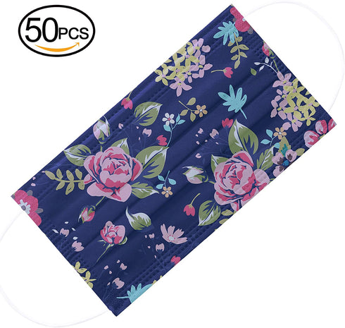 50PCS Disposable Face Mask for Women,Fashion Flowers Printed Dust Masks ,Fancy Cute Breathable Face Masks ,Safety Facial Mouth Covers
