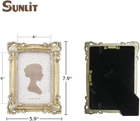 Sunlit Vintage Picture Frame 4x6 Inch, Luxury Antique Photo Frames with Glass Front, Photo Display, Tabletop Wall Hanging, Gift Ideas, Yellow Gold