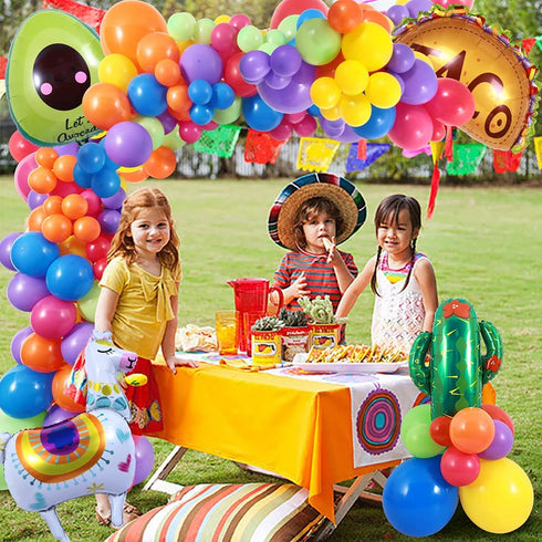 Winrayk 113PCS Fiesta Balloon Garland Arch Kit Mexican Themed Fiesta Party Decorations with Fiesta Golden Letters Avocado Cactus Taco Alpaca Cinco De Mayo Party Decorations for Kids Adults