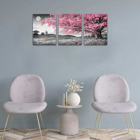 Tree with Pink Leaves Wall Art Paintings on Black and White Canvas Tree of Life Night Landscape Picture for Living Room Bedroom Wall Decor Stretched and Framed Ready to Hang 12x16 inch