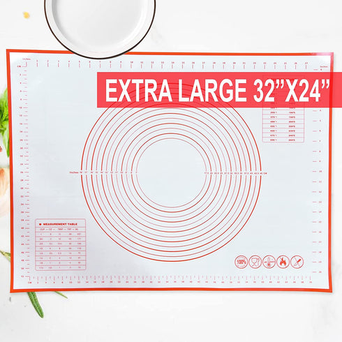 Silicone Pastry Mat with Measurements, Large and Thick Baking Mat, Non-Slip, Free of BPA, Fondant and Cake Rolling Mat, Kitchen Countertop Mat, Oven Liner Pie Crust Mat, Nonstick Dough Mat, 32" x 24"
