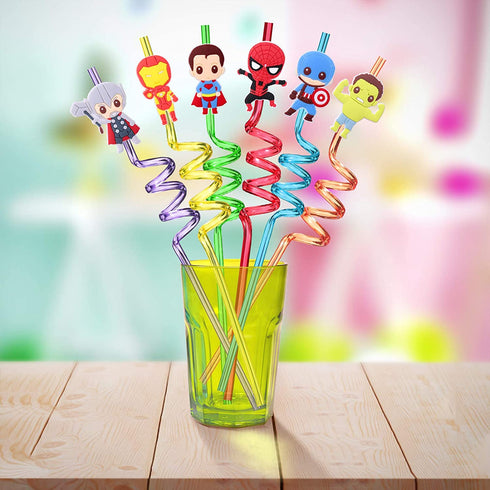 24 Superhero Straws with 2 Cleaning Brush 6 Designs Great for Birthday as Avengers Themed Party Favors and Party Supplies
