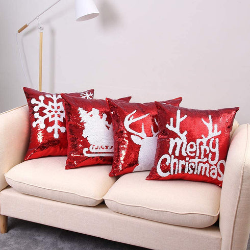 Coeufuedy Christmas Sequin Pillow Covers 18 x 18 Inch Reversible Red Sequins Pillow Case Sparkly Magic Mermaid Throw Decorative Pillowcase (Red-4 Pieces)
