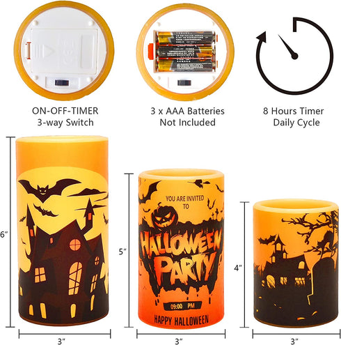 YUROZAC Halloween Flameless Candles with Timer, Flickering Battery Operated Real Wax LED Pillar Candles for Halloween Decoration Set of 3 (D3"xH 4"5"6"), Castle Cat Pumpkin Decals